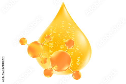 Glowing golden 3d hair oil drop or liquid collagen droplet molecule formula, isolated PNG, transparent background. Hyaluronic acid serum formula wallpaper with copy space. Beauty treatment, cosmetics