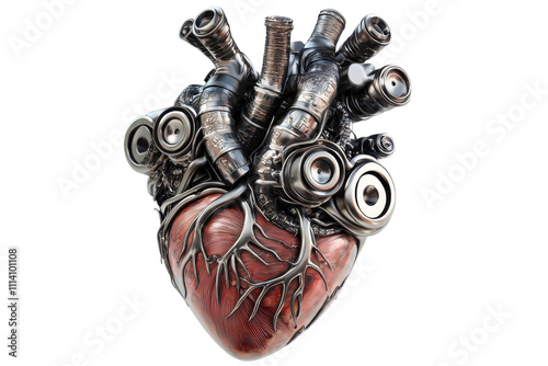 A stylized heart with mechanical elements and intricate roots, blending organic and industrial design. photo