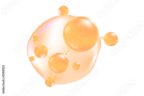 Glowing nude beige 3d oil drop or liquid collagen droplet molecule formula, isolated PNG, transparent background. Hyaluronic acid serum formula wallpaper with copy space. Beauty treatment, cosmetics
