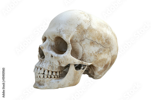 A detailed human skull, showcasing intricate features like teeth, eye sockets, and cranial structure from a lateral perspective. photo