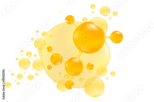 Glowing golden 3d liquid oil bubbles or collagen droplet molecule formula, isolated PNG, transparent background. Hyaluronic acid serum formula wallpaper with copy space. Beauty treatment, cosmetics