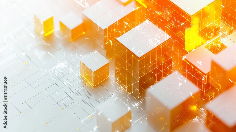 Abstract Technology Block Structure with Bright Orange Light Abstract Technology Block Structure with Bright Orange Light