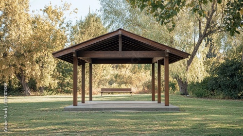 Wooden Park Gazebo with Bench Underneath Trees
