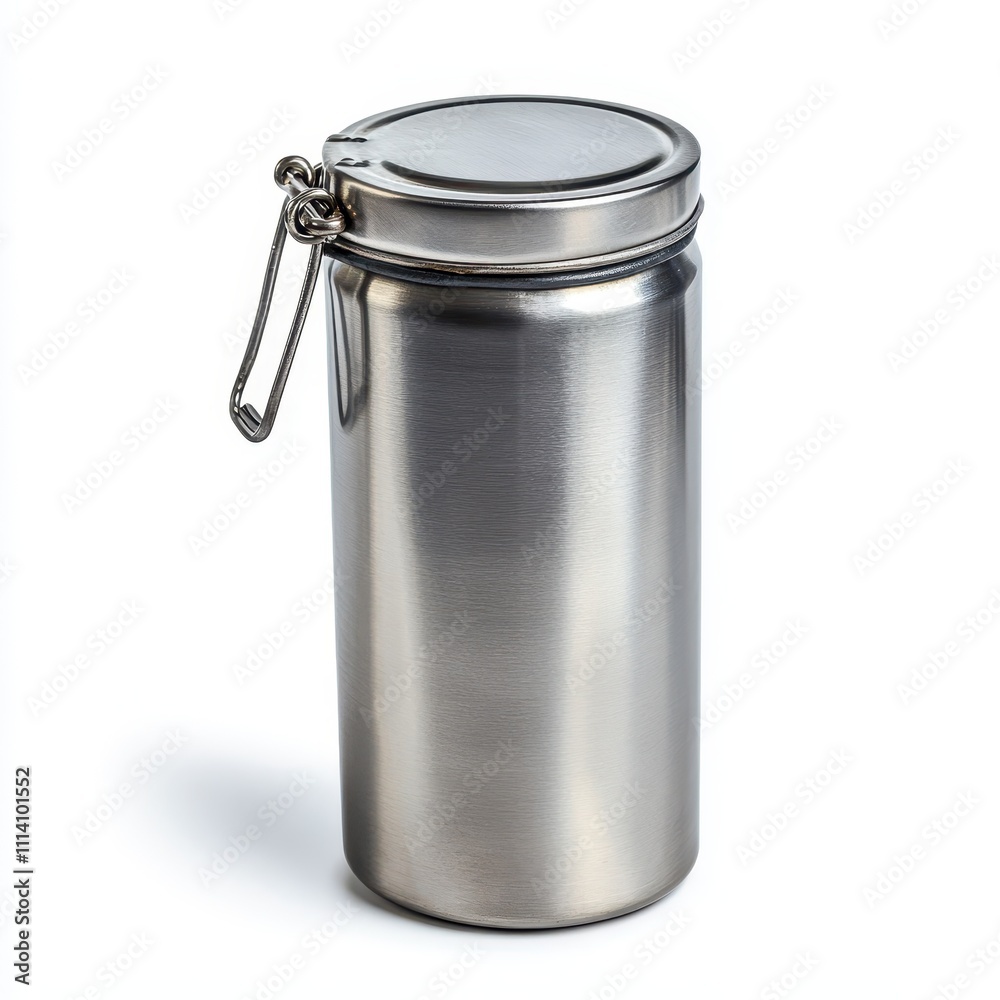 Stainless steel canteen with a secure lid, ideal for camping and hiking, isolated on a white background.