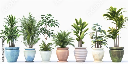 Set of various potted plants isolated on a white background. Different types of indoor greenhouse plants in pots with pastel colored ceramic planters in a flat lay front view.