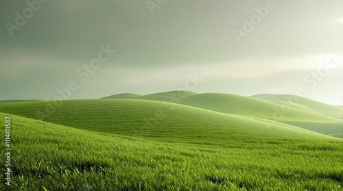 A blanket of soft green grass stretching across the hillside , fresh spring green grass, gentle terrain, natural scenery, serene landscape, peaceful atmosphere