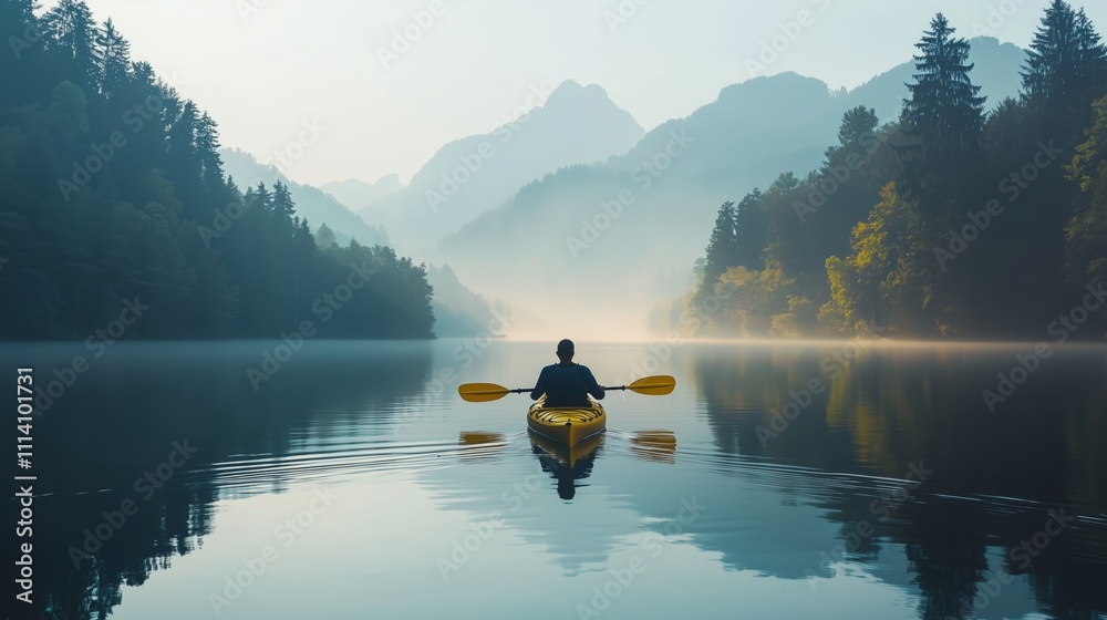 Serene Kayak Trip on Calm Lake Surrounded by Mountains Serene Kayak Trip on Calm Lake Surrounded by Mountains