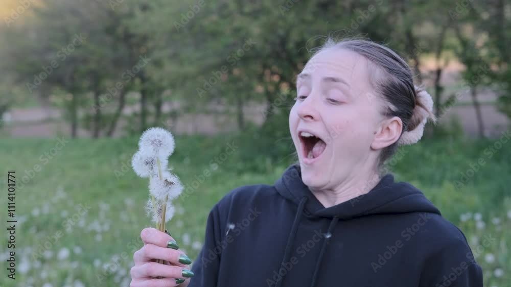 Woman blowing dandelion seeds in a sunny field captures the essence of carefree enjoyment and childhood innocence Woman blowing dandelion seeds in a sunny field captures the essence of carefree enjoyment and childhood innocence