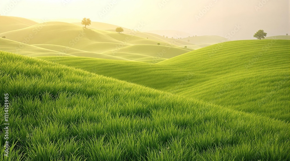 Obraz premium A blanket of soft green grass stretching across the hillside , fresh spring green grass, rolling hills