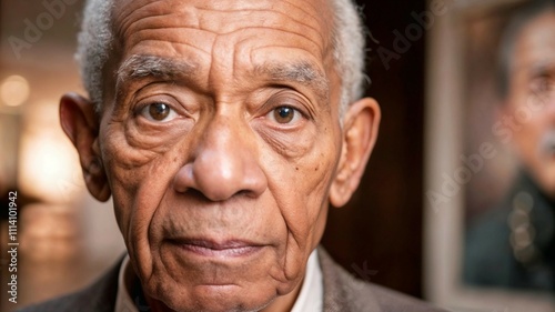 Emotional historical tribute, elderly man with solemn expression in museum, focusing on Black history, indoor setting with soft light photo