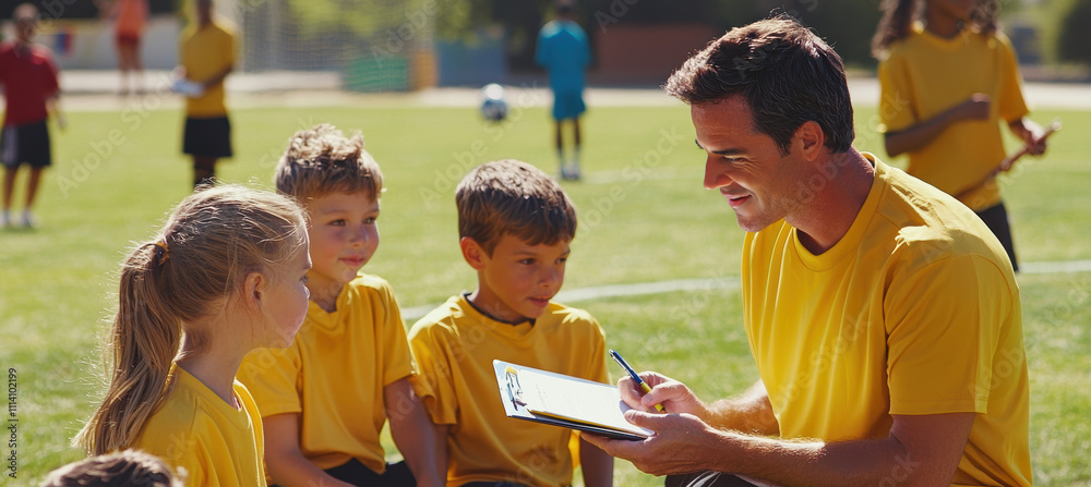 Obraz premium Soccer Coaching for Kids: Tactical Instructions and Teamwork on the Field