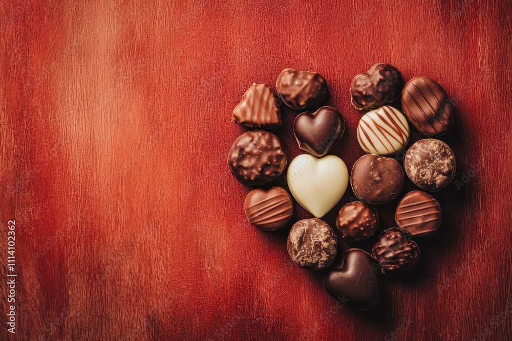 Chocolates romantic gesture concept. Heart-shaped arrangement of assorted chocolates on a textured surface. Chocolates romantic gesture concept. Heart-shaped arrangement of assorted chocolates on a textured surface.