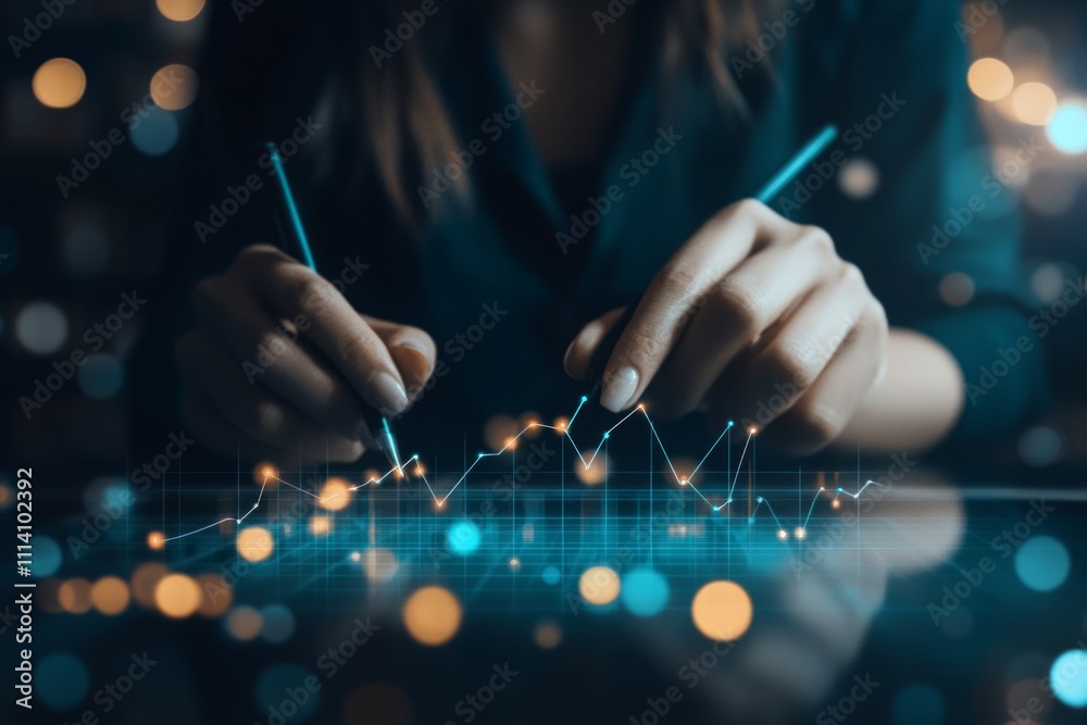 A person drawing trend lines on a stock chart displayed on a touch screen A person drawing trend lines on a stock chart displayed on a touch screen