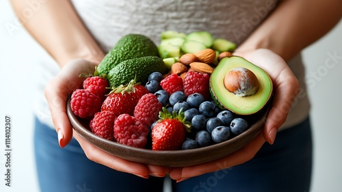 A woman holding a plate filled with healthy foods like avocados, berries, and nuts, promoting nutrition and functional health benefits  photo