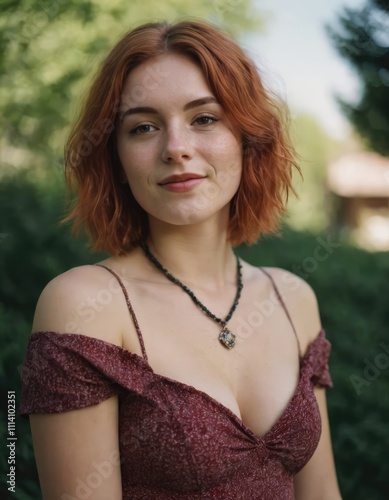 A woman with red hair is wearing a beautiful necklace and dress