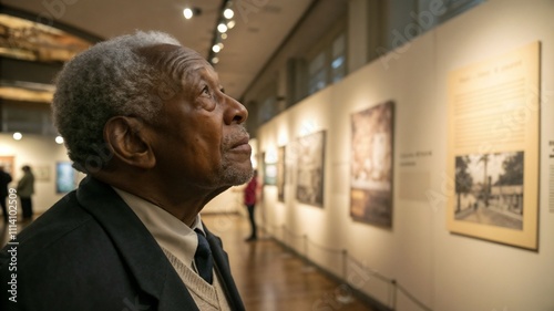 Emotional historical tribute, elderly man visiting a museum exhibit on Black history, indoor museum setting with soft light