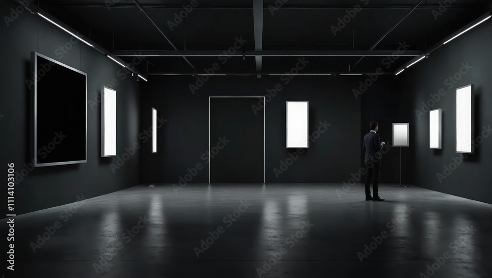 Modern Exhibition Space with Blank Screen on Dark Background Modern Exhibition Space with Blank Screen on Dark Background