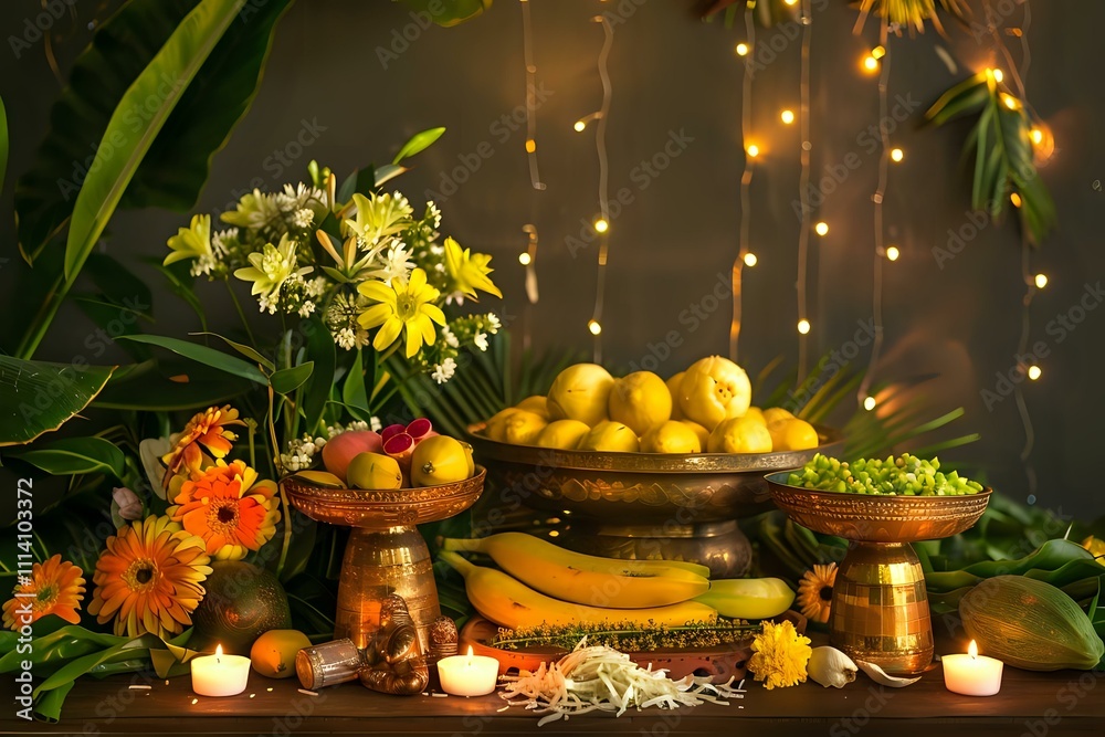 Fototapeta premium Vibrant Tropical Fruits and Flowers Arranged Artistically with Candles and Brass Bowls, Creating a Serene and Festive Atmosphere, Showcasing the Beauty of Nature's Bounty.