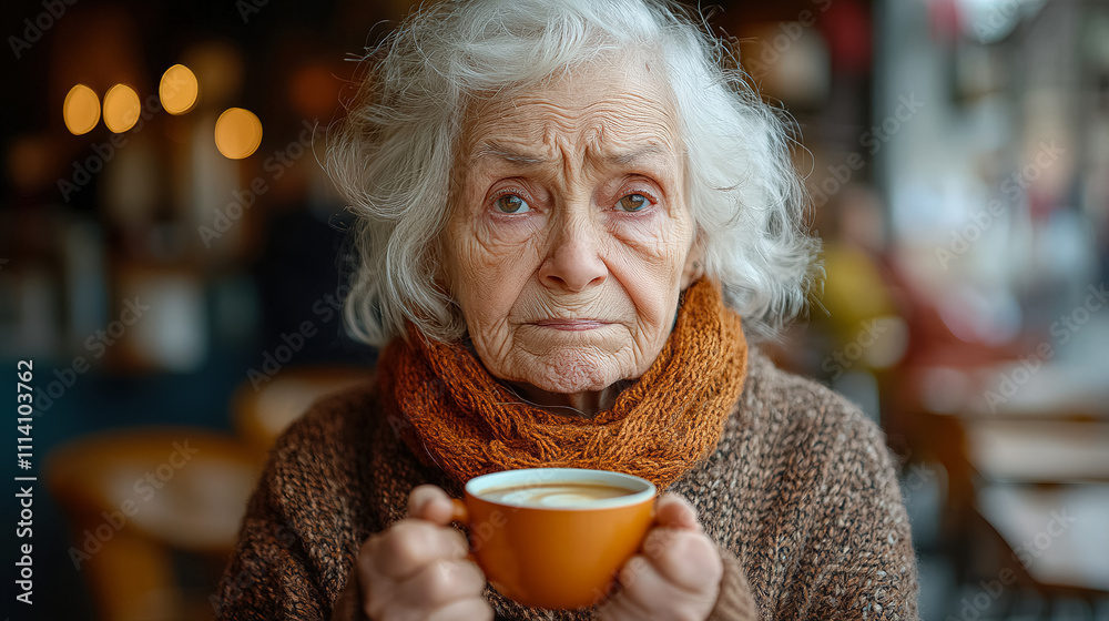 Elderly woman enjoying warm coffee in a cozy cafe during a chilly afternoon. Generative AI