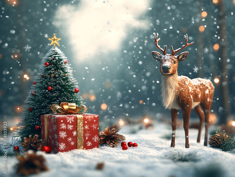a festive winter scene with a decorated Christmas tree, wrapped presents, pinecones, and a deer standing in the snow. Snowflakes are falling a festive winter scene with a decorated Christmas tree, wrapped presents, pinecones, and a deer standing in the snow. Snowflakes are falling