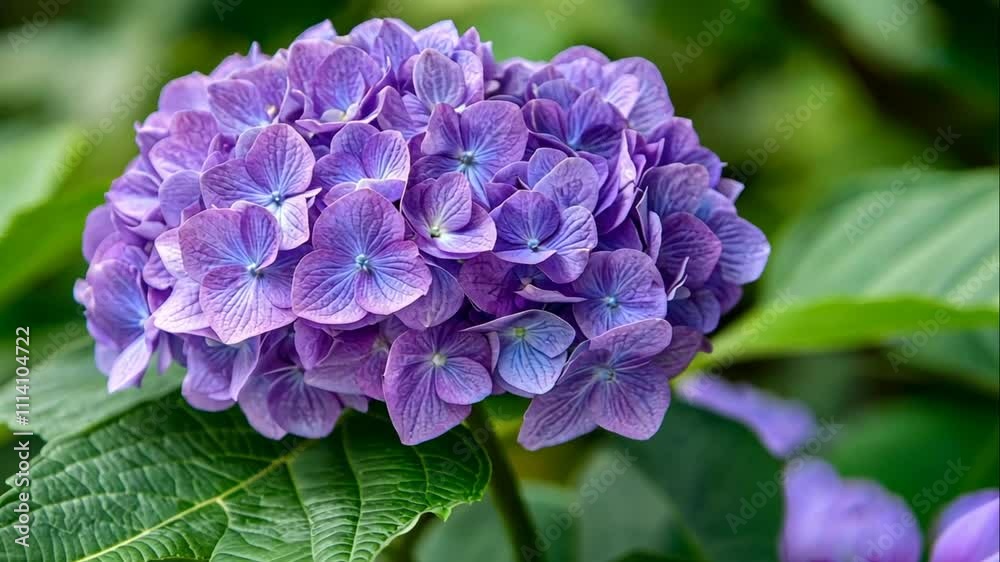 Close-up of a vibrant purple hydrangea blossom with lush green leaves in a garden. Close-up of a vibrant purple hydrangea blossom with lush green leaves in a garden.