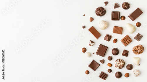 Assorted chocolates arranged elegantly on white background
