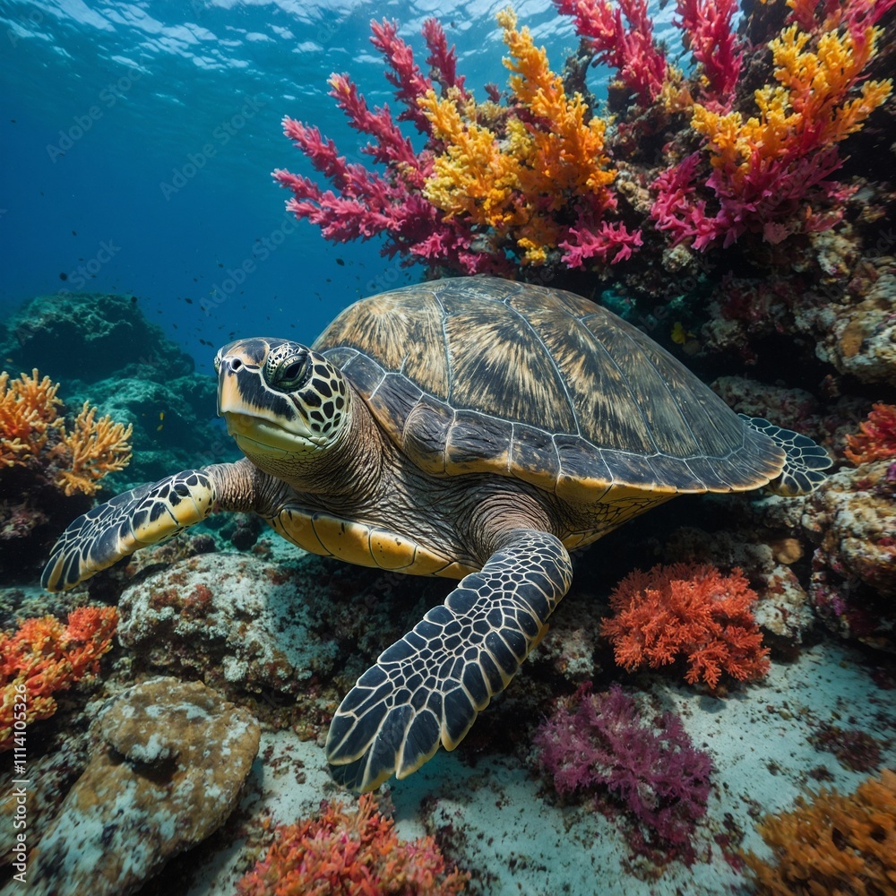 Obraz premium A sea turtle resting on an underwater rock surrounded by colorful plants.