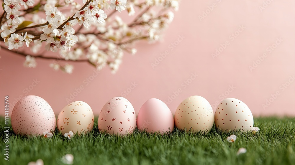 Pastel easter eggs on grass with cherry blossoms in soft pink atmosphere Pastel easter eggs on grass with cherry blossoms in soft pink atmosphere