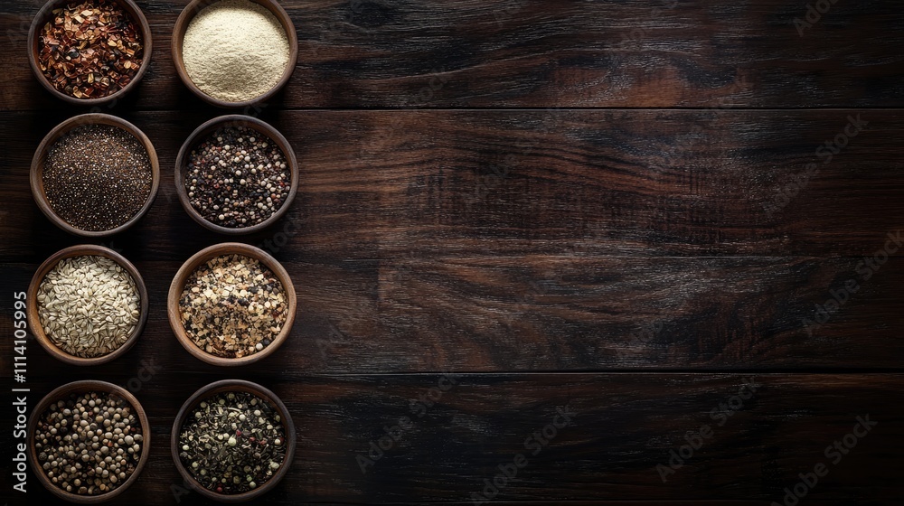Assorted spices in bowls on dark wood background. Assorted spices in bowls on dark wood background.