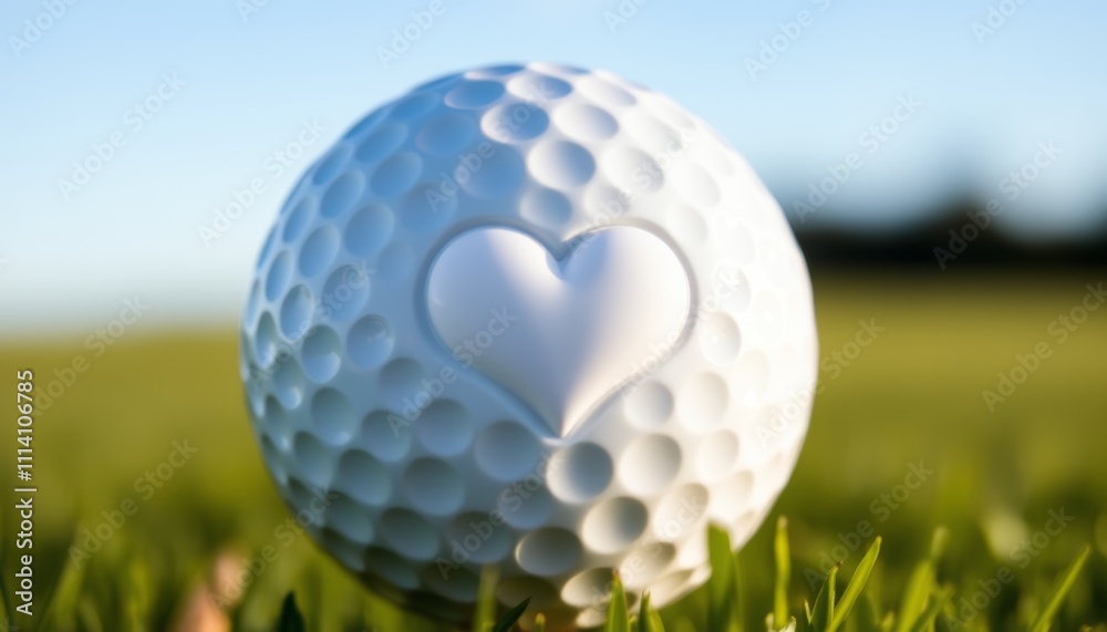 Valentine golf ball. Close-up of a golf ball with a heart shape embedded, resting on green grass under a clear blue sky, symbolizing love and sports.