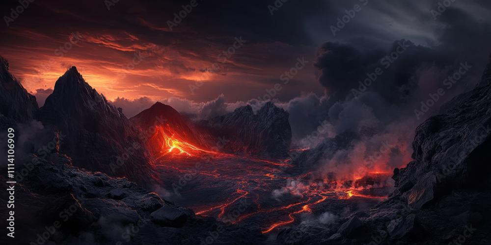 Fototapeta premium A dramatic volcanic landscape with hardened lava fields, steam vents, and the glowing red crater of an active volcano under a dark sky. The raw and powerful setting feels otherworldly.