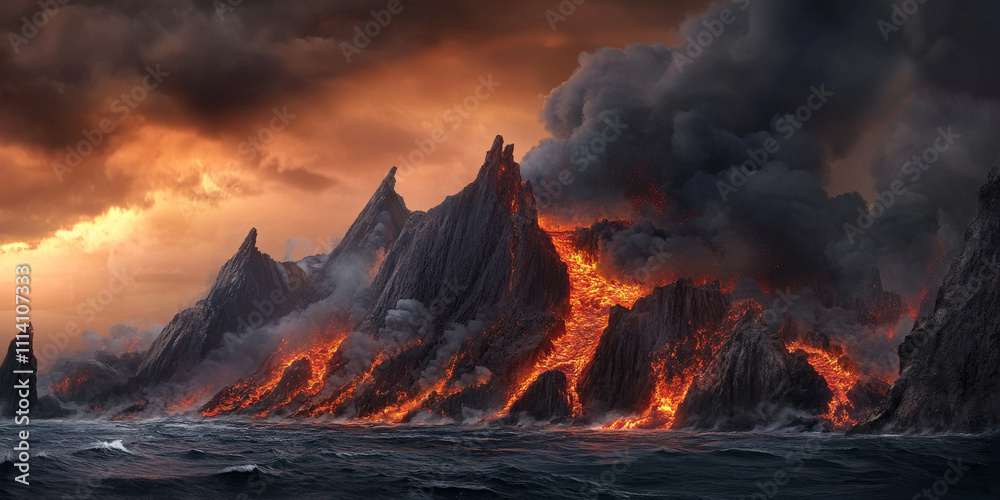 Fototapeta premium A dramatic volcanic island rising from the ocean, with lava flowing into the sea, steam billowing into the sky, and the intense orange glow illuminating the rugged landscape. The powerful and raw