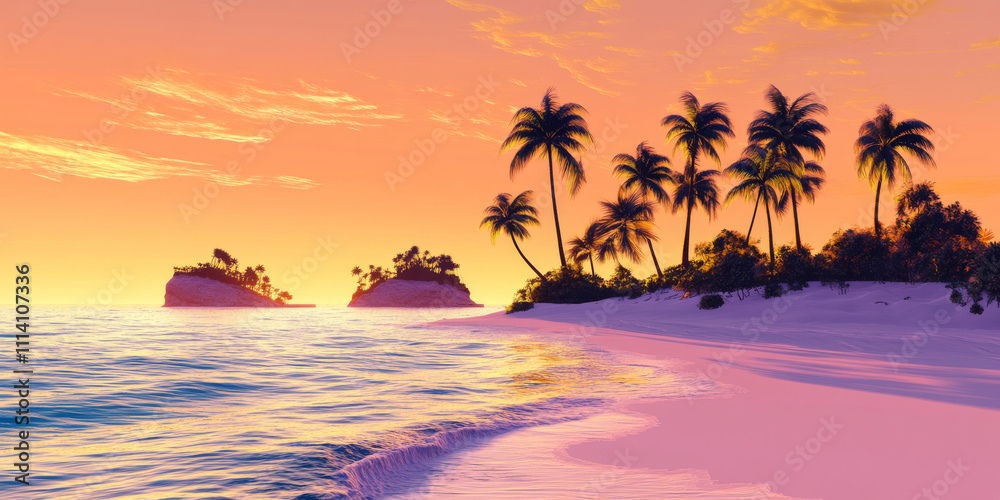 A serene sunset over a tropical island, with calm waves lapping against the white sand, palm trees silhouetted in the warm glow, and the horizon painted in shades of pink and gold. The idyllic and A serene sunset over a tropical island, with calm waves lapping against the white sand, palm trees silhouetted in the warm glow, and the horizon painted in shades of pink and gold. The idyllic and