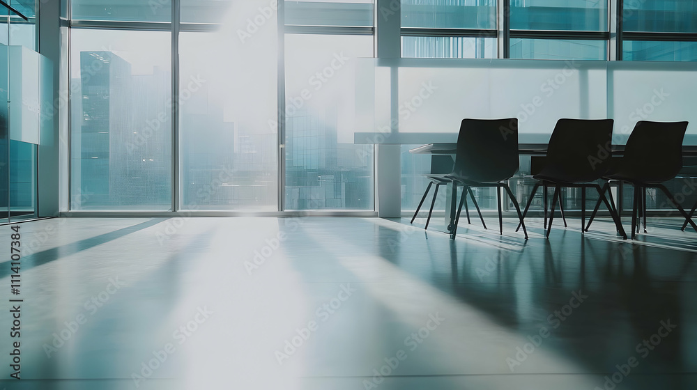 Fototapeta premium Sunlit modern office interior with empty chairs near large windows overlooking city skyline. Ideal for themes of business, success, and corporate growth.
