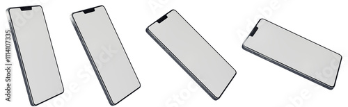 Set of Smartphone mockup 3D rendering blank white screen on a transparent background. Perspective top  view by minus 45 degrees on the X-axis, and 15 to 65 degrees rotation on the Z-axis.