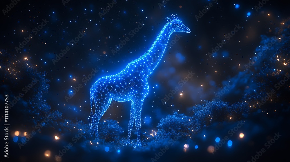 A radiant giraffe made of blue stars standing tall in a luminous starry background A radiant giraffe made of blue stars standing tall in a luminous starry background