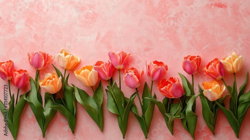 In flat lay style, spring tulips flowers are placed on a pink background. This greeting is ideal for a women's day card, a mothers day card, or a spring sale banner.