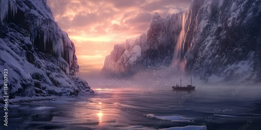 Fototapeta premium A dramatic winter scene of an icy fjord, with steep cliffs covered in snow, a lone fishing boat in the distance, and the soft light of the setting sun reflecting off the frozen water. The serene and
