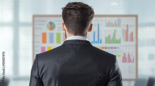 Confident businessman analyzing data charts in modern office space