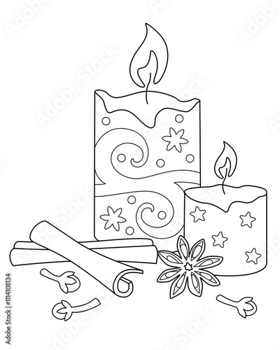 Candles And Spices -Aromatherapy -vector linear picture antistress for coloring. Outline. Scented candles, star anise, cloves and cinnamon sticks coloring picture antistress	