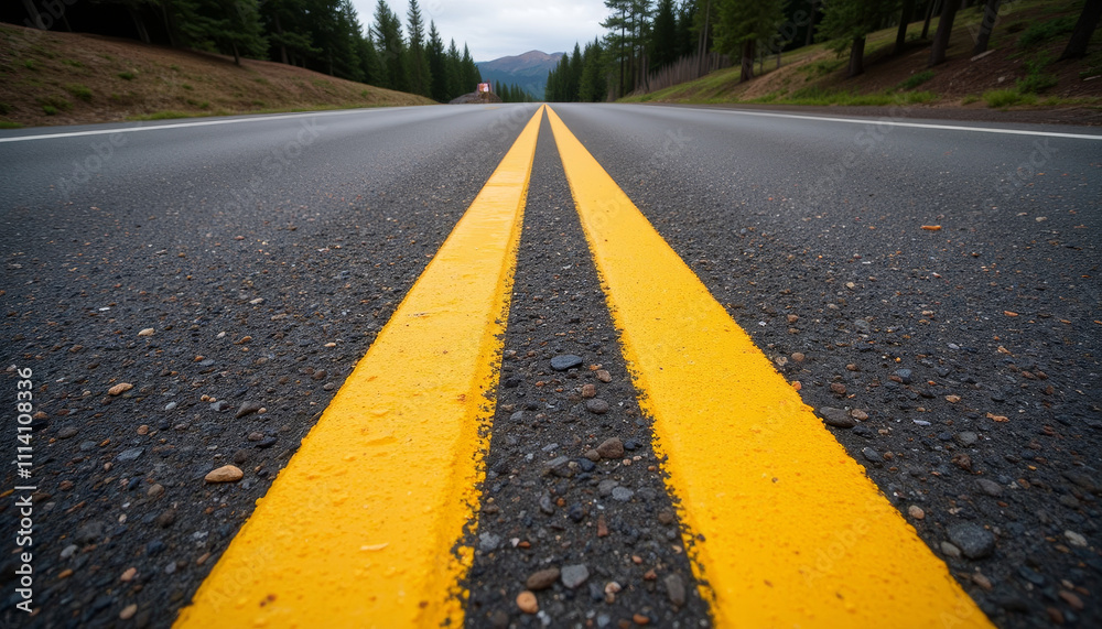 Long stretches of a quiet highway flanked by pine trees under a cloudy sky invite adventure and exploration Long stretches of a quiet highway flanked by pine trees under a cloudy sky invite adventure and exploration