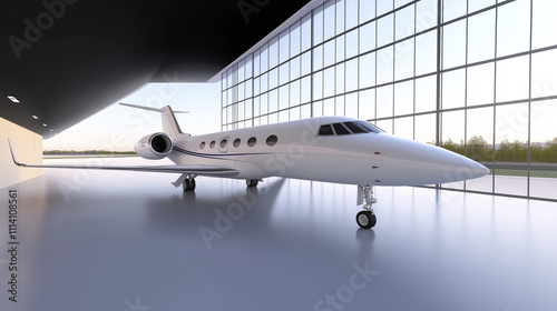 A sleek private jet with blue accents, elegantly parked in a minimalist hangar. Captured in a front-side angle under soft afternoon light, modern and luxurious.
 photo