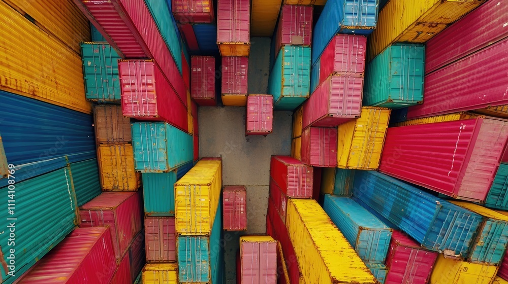Drone perspective of a maze-like pattern formed by stacked containers, vibrant colors enhancing visual impact, [cargo containers], [aerial symmetry] 