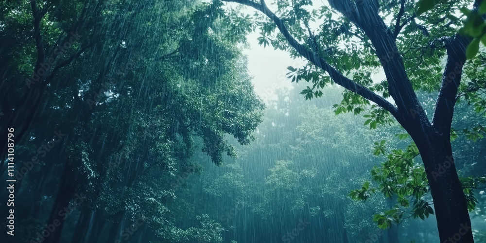Fototapeta premium A dramatic forest during a rainstorm, with towering trees swaying in the wind, raindrops glistening on leaves, and the sound of thunder rumbling in the distance. The immersive and dynamic setting