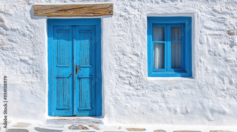 Traditional whitewashed house with blue doors and windows in mykonos, greece Traditional whitewashed house with blue doors and windows in mykonos, greece
