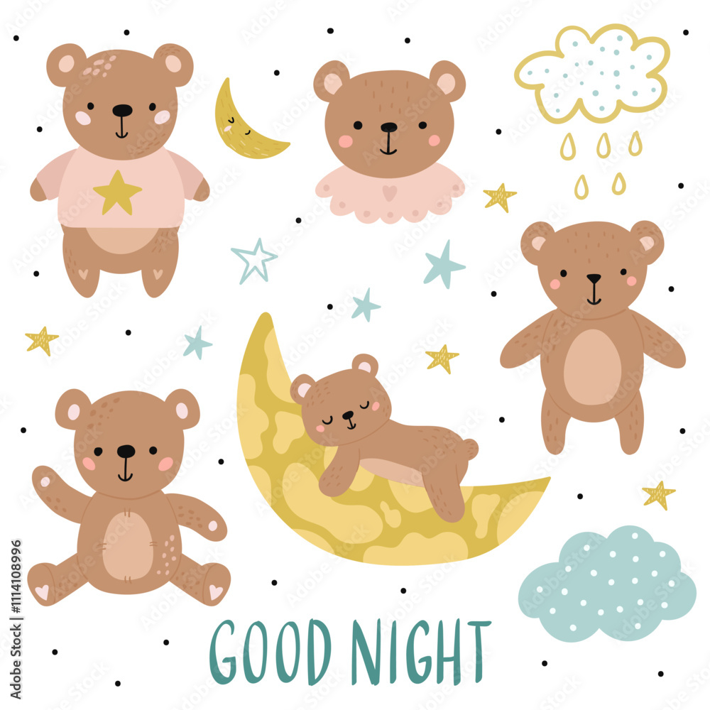 Obraz premium a group of adorable teddy bears in a nighttime setting, surrounded by stars, a crescent moon, clouds, and the phrase - Good Night.