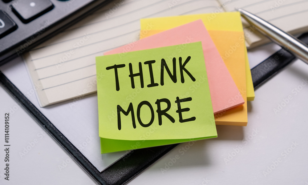 Think more text on green card on notebook on office table Think more text on green card on notebook on office table