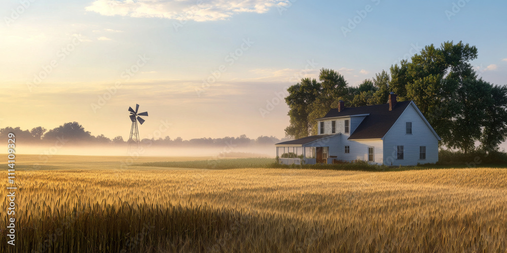 A serene rural farmhouse at dawn, surrounded by fields of golden wheat, a windmill turning slowly in the distance, and soft morning mist hanging in the air. The tranquil and timeless setting feels A serene rural farmhouse at dawn, surrounded by fields of golden wheat, a windmill turning slowly in the distance, and soft morning mist hanging in the air. The tranquil and timeless setting feels
