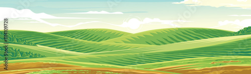 Rolling green hills overlook vast meadows and fields. 
