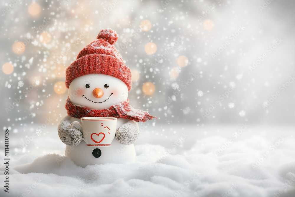 Snowman, dressed in a red hat, scarf and mittens, holding a mug of coffee. Snowy background. New Year's banner Snowman, dressed in a red hat, scarf and mittens, holding a mug of coffee. Snowy background. New Year's banner